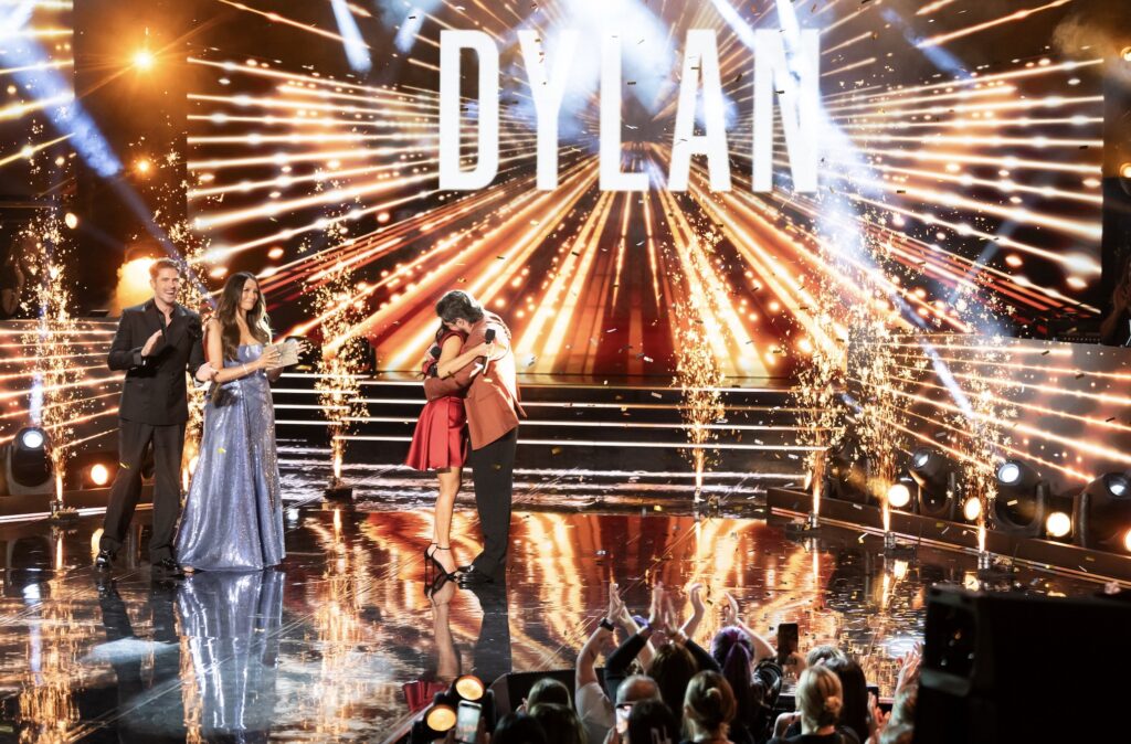 Dylan and Amy after Dylan's win, alongside Scott and Ricki-Lee. Seven Australian idol 2024